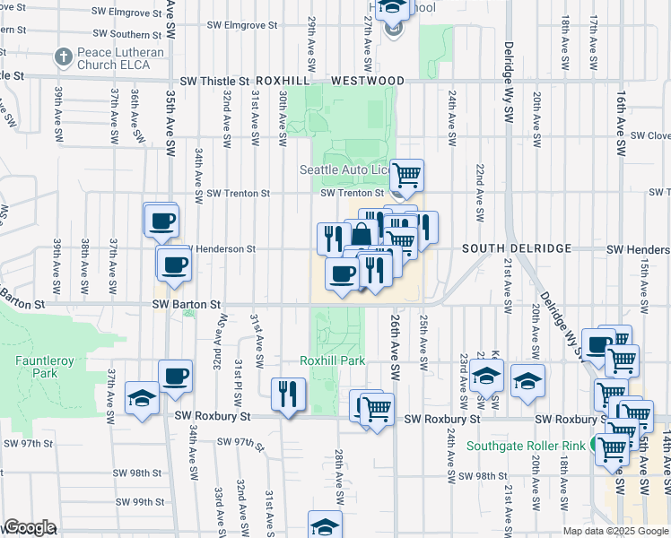 map of restaurants, bars, coffee shops, grocery stores, and more near 2800 Southwest Barton Street in Seattle