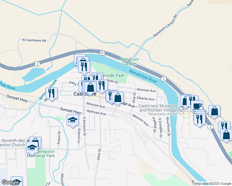 map of restaurants, bars, coffee shops, grocery stores, and more near 303 Cottage Avenue in Cashmere