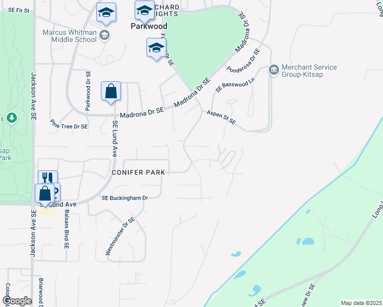 map of restaurants, bars, coffee shops, grocery stores, and more near 2807 Fir Crest Drive Southeast in Port Orchard