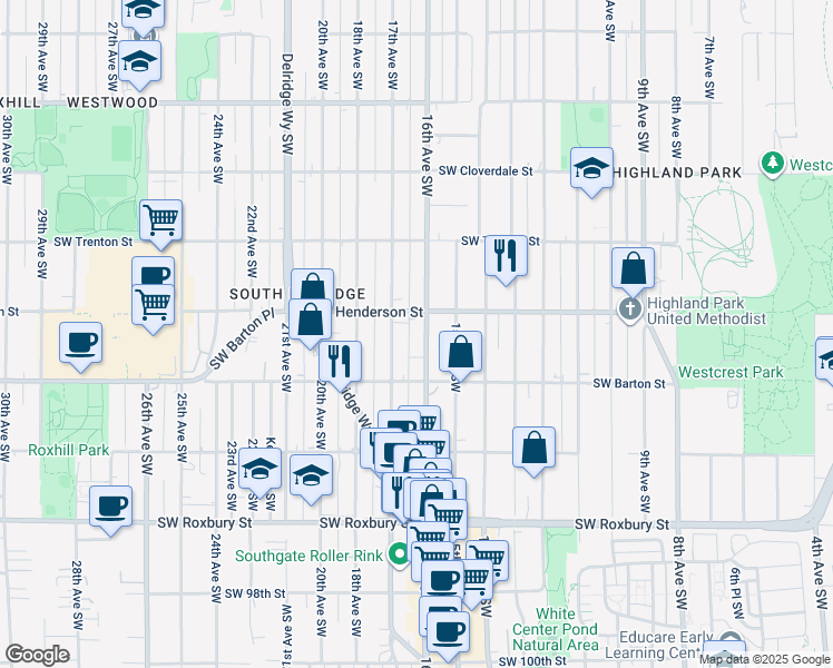 map of restaurants, bars, coffee shops, grocery stores, and more near 9013 16th Avenue Southwest in Seattle