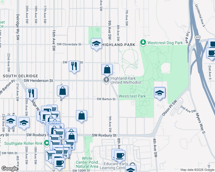 map of restaurants, bars, coffee shops, grocery stores, and more near 8858 10th Avenue Southwest in Seattle