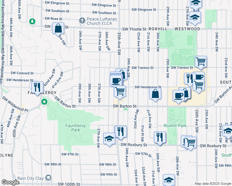 map of restaurants, bars, coffee shops, grocery stores, and more near 3520 Southwest Henderson Street in Seattle