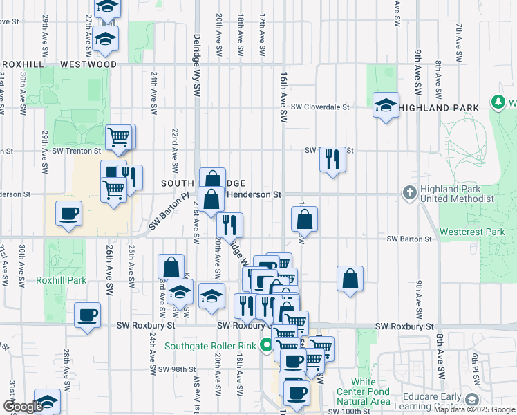map of restaurants, bars, coffee shops, grocery stores, and more near 1700 Southwest Henderson Street in Seattle