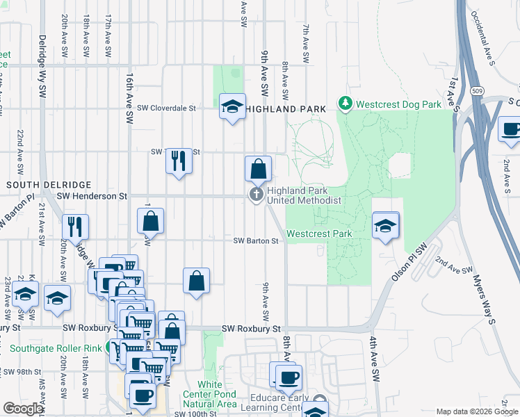 map of restaurants, bars, coffee shops, grocery stores, and more near 8858 10th Avenue Southwest in Seattle