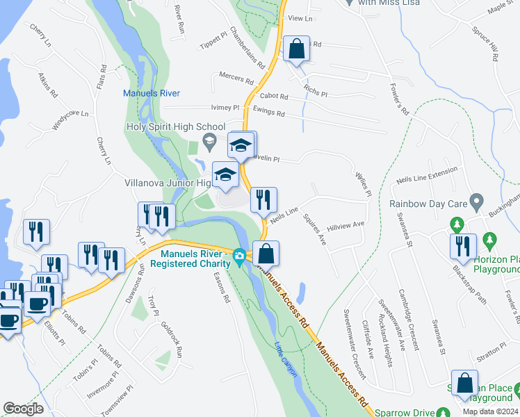 map of restaurants, bars, coffee shops, grocery stores, and more near 2715 Topsail Road in Conception Bay South