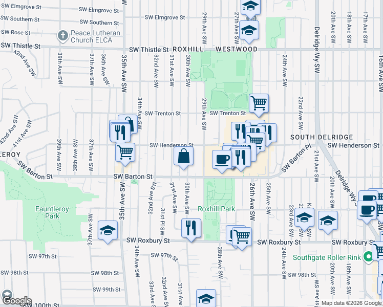 map of restaurants, bars, coffee shops, grocery stores, and more near 8855 30th Avenue Southwest in Seattle