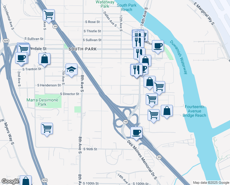 map of restaurants, bars, coffee shops, grocery stores, and more near 1033 Duwamish Trail in Seattle