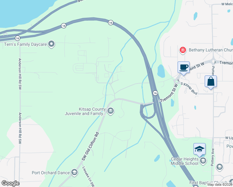 map of restaurants, bars, coffee shops, grocery stores, and more near 1338 Southwest Old Clifton Road in Port Orchard