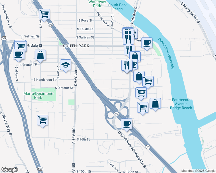 map of restaurants, bars, coffee shops, grocery stores, and more near 1201 South Henderson Street in Seattle