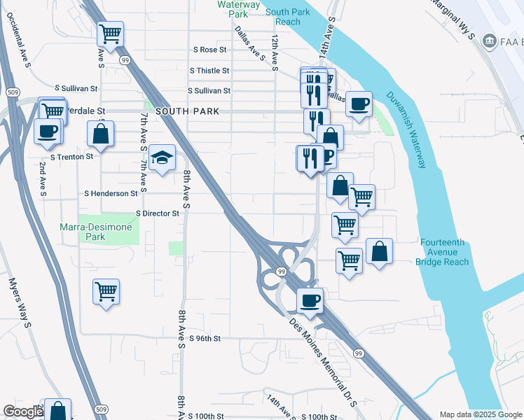 map of restaurants, bars, coffee shops, grocery stores, and more near 1033 Duwamish Trail in Seattle