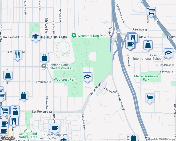 map of restaurants, bars, coffee shops, grocery stores, and more near 9000 3rd Avenue Southwest in Seattle