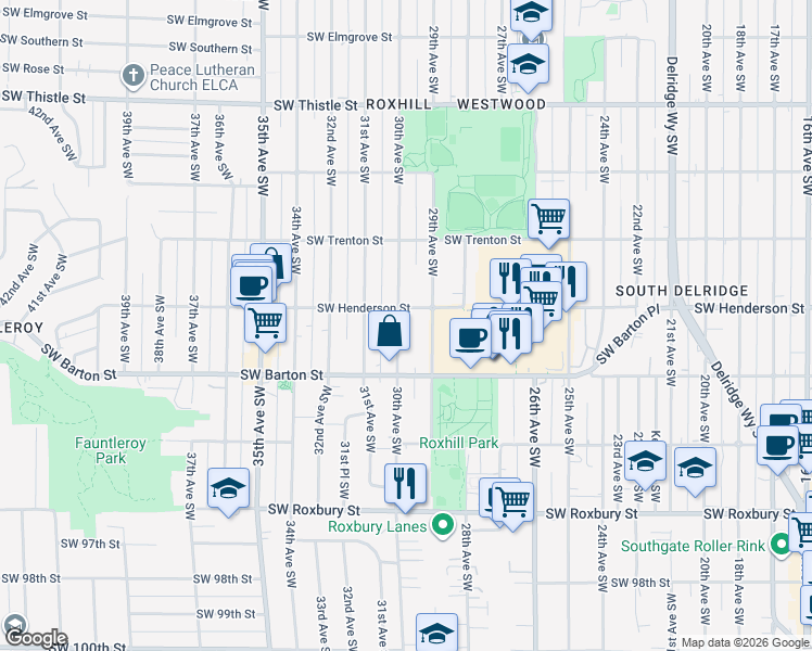 map of restaurants, bars, coffee shops, grocery stores, and more near 8855 30th Avenue Southwest in Seattle
