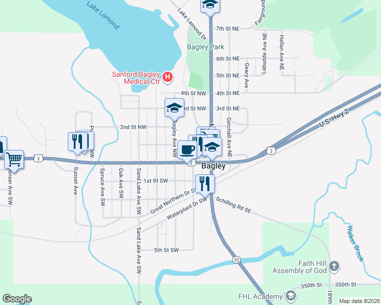 map of restaurants, bars, coffee shops, grocery stores, and more near 6 Clearwater Avenue Northwest in Bagley