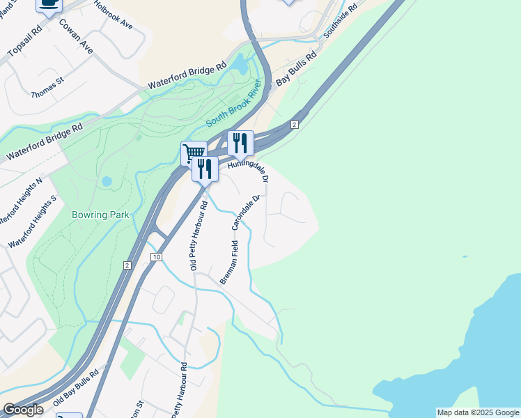 map of restaurants, bars, coffee shops, grocery stores, and more near 46 Huntingdale Drive in St. John's