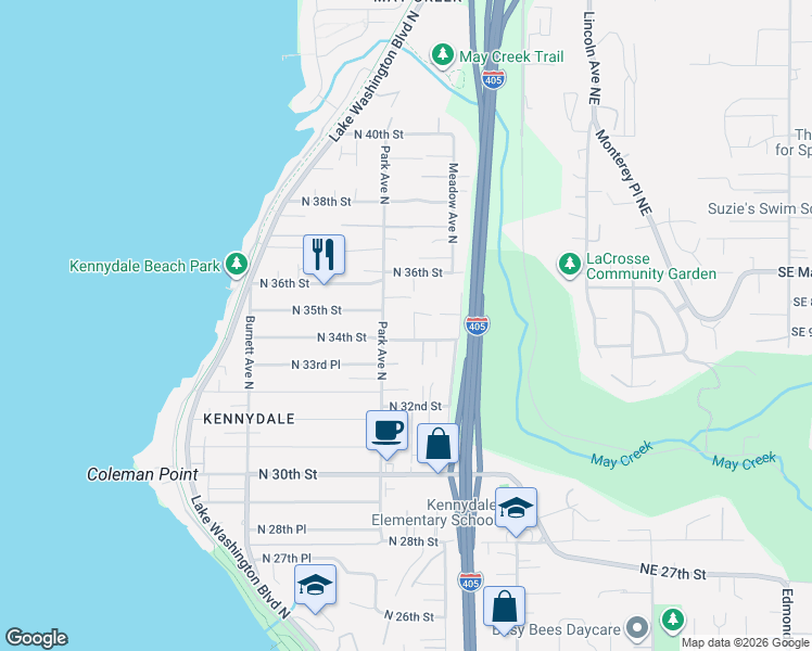 map of restaurants, bars, coffee shops, grocery stores, and more near 3415 Garden Avenue North in Renton