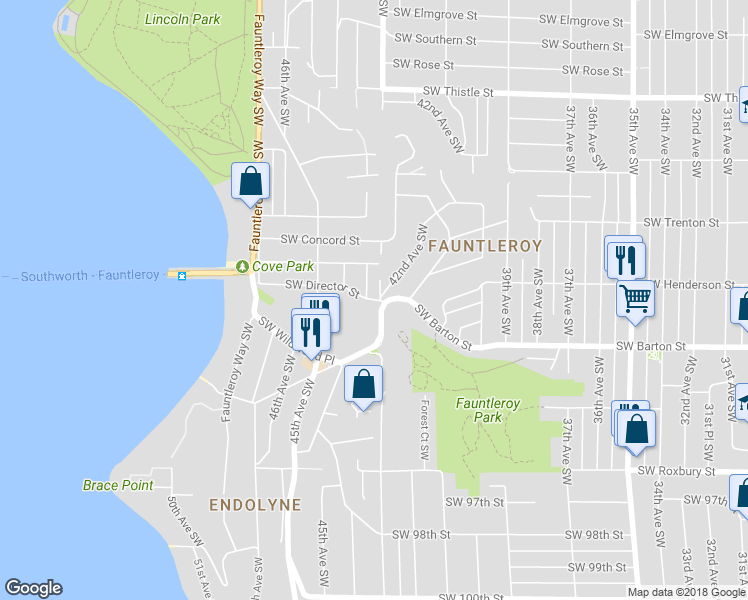 map of restaurants, bars, coffee shops, grocery stores, and more near Southwest Director Street in Seattle