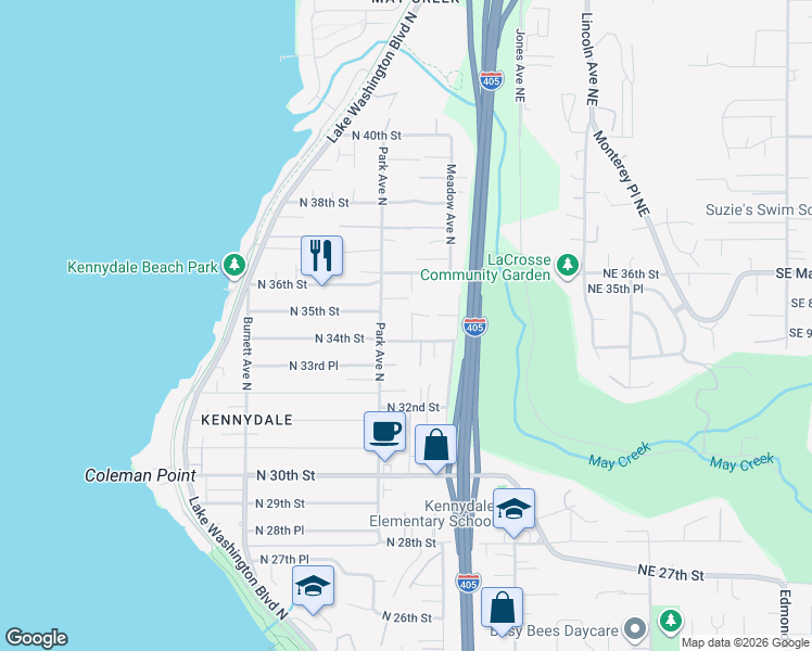 map of restaurants, bars, coffee shops, grocery stores, and more near 3415 Garden Avenue North in Renton
