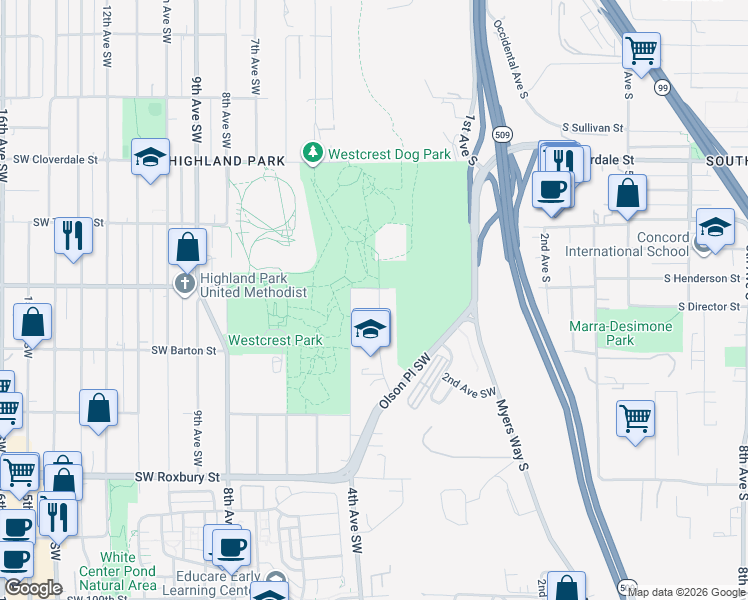 map of restaurants, bars, coffee shops, grocery stores, and more near 9000 3rd Avenue Southwest in Seattle