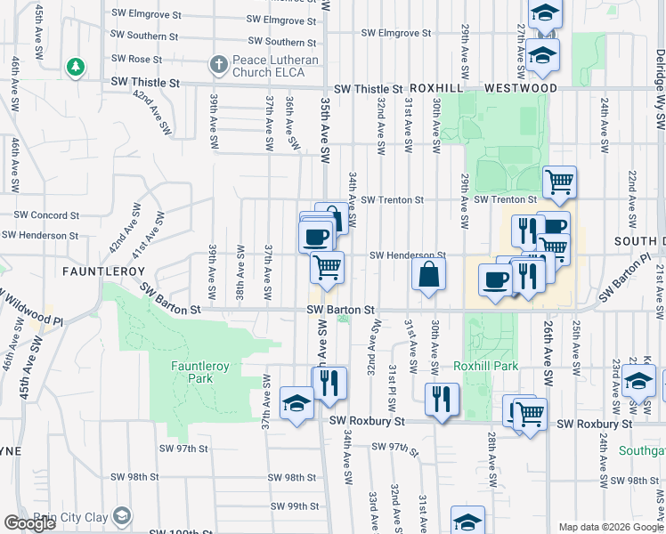 map of restaurants, bars, coffee shops, grocery stores, and more near 9010 35th Avenue Southwest in Seattle