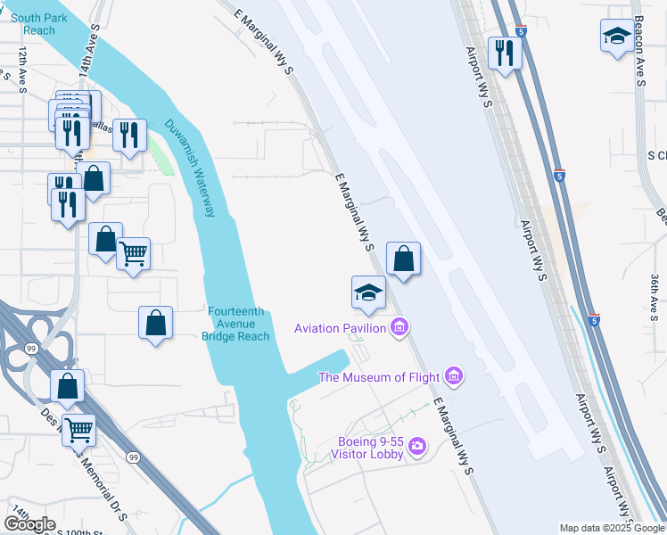 map of restaurants, bars, coffee shops, grocery stores, and more near 8801 East Marginal Way South in Tukwila