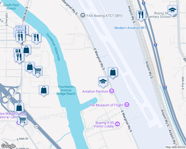 map of restaurants, bars, coffee shops, grocery stores, and more near 8801 East Marginal Way South in Tukwila