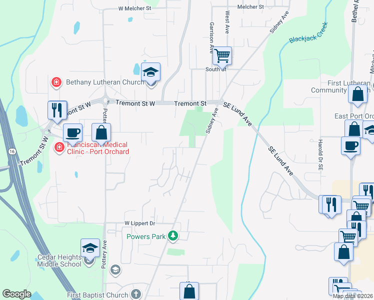 map of restaurants, bars, coffee shops, grocery stores, and more near 245 Poplar Street in Port Orchard