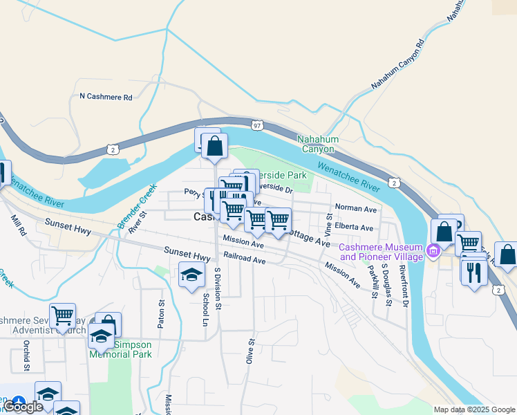 map of restaurants, bars, coffee shops, grocery stores, and more near 121 Elberta Avenue in Cashmere
