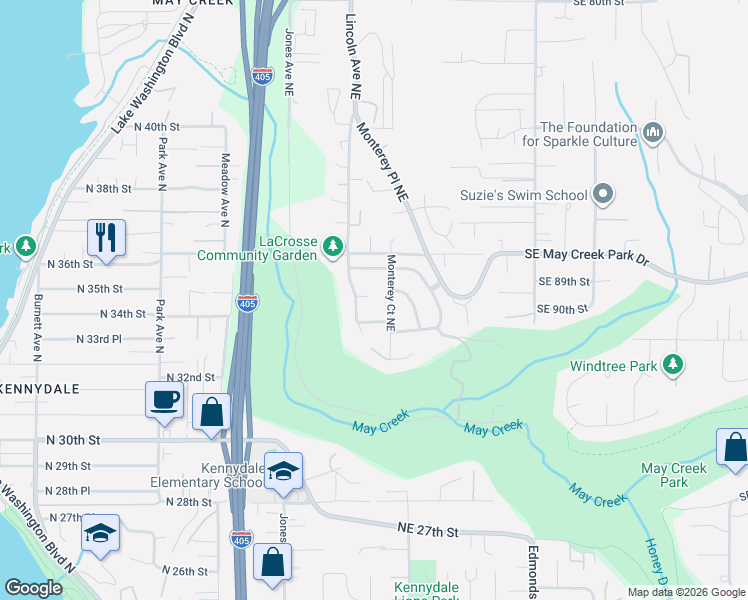 map of restaurants, bars, coffee shops, grocery stores, and more near 1908 Northeast 34th Place in Renton