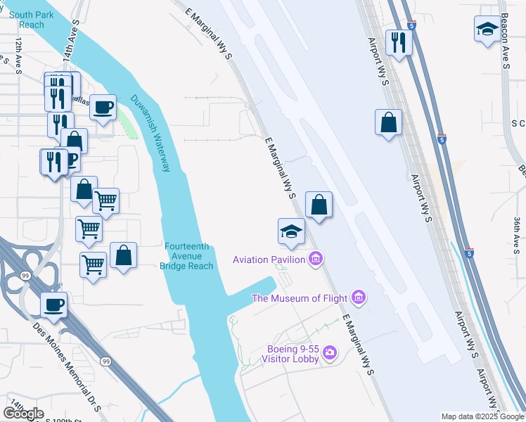 map of restaurants, bars, coffee shops, grocery stores, and more near 8801 East Marginal Way S in Tukwila
