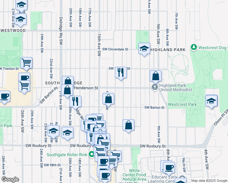 map of restaurants, bars, coffee shops, grocery stores, and more near 8858 15th Avenue Southwest in Seattle