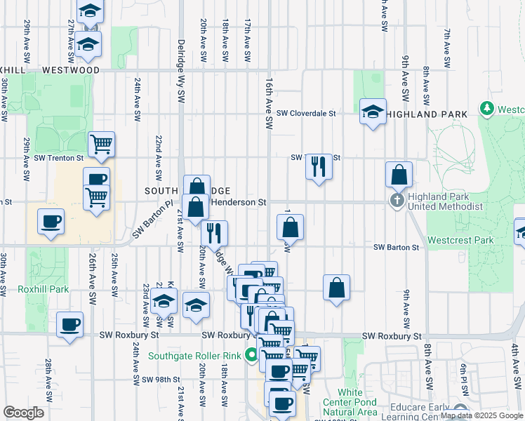 map of restaurants, bars, coffee shops, grocery stores, and more near in Seattle