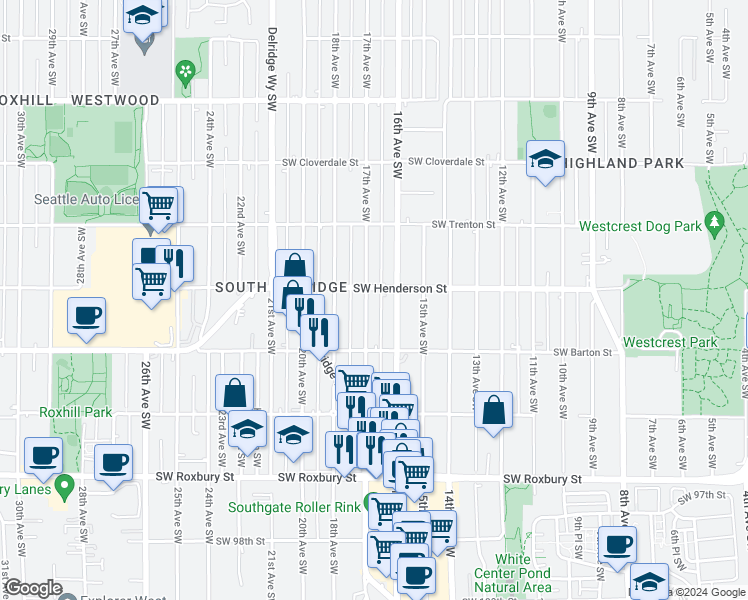 map of restaurants, bars, coffee shops, grocery stores, and more near 1700 Southwest Henderson Street in Seattle