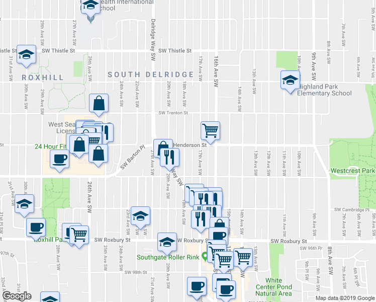 map of restaurants, bars, coffee shops, grocery stores, and more near 8859 18th Avenue Southwest in Seattle