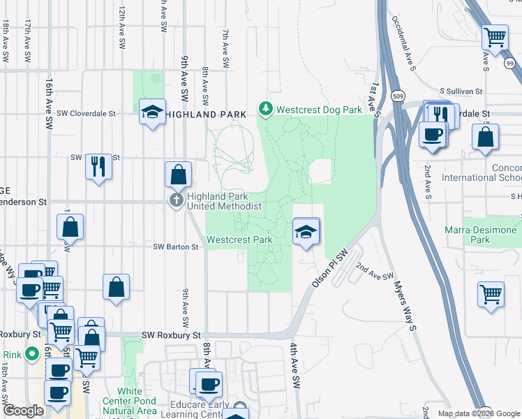 map of restaurants, bars, coffee shops, grocery stores, and more near 9000 8th Avenue Southwest in Seattle