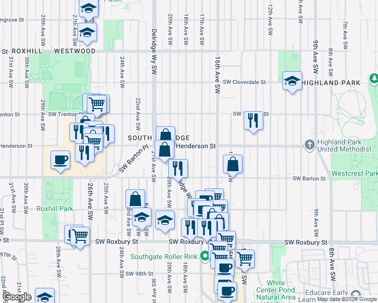 map of restaurants, bars, coffee shops, grocery stores, and more near 8859 18th Avenue Southwest in Seattle