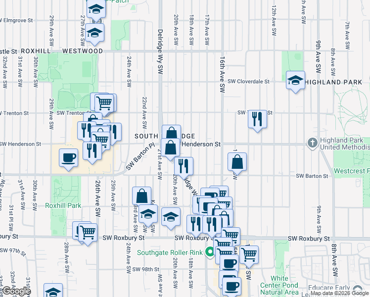 map of restaurants, bars, coffee shops, grocery stores, and more near 9007 18th Avenue Southwest in Seattle