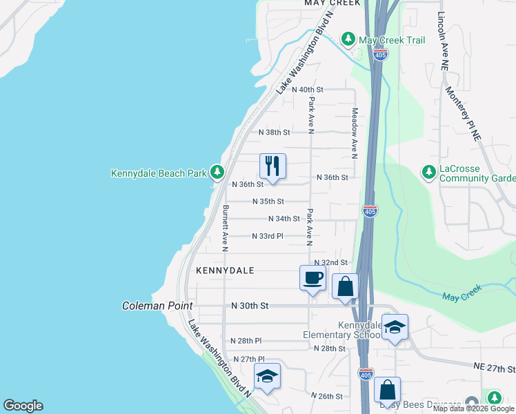 map of restaurants, bars, coffee shops, grocery stores, and more near 1008 North 35th Street in Renton