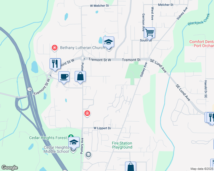 map of restaurants, bars, coffee shops, grocery stores, and more near 1735 Vela Lane in Port Orchard