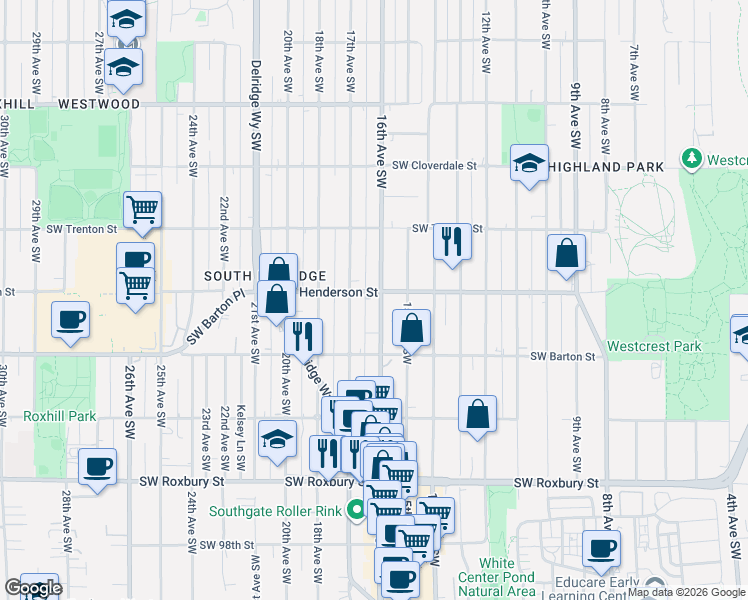 map of restaurants, bars, coffee shops, grocery stores, and more near 9009 16th Avenue Southwest in Seattle