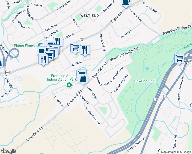map of restaurants, bars, coffee shops, grocery stores, and more near 2 Perlin Street in Saint John's