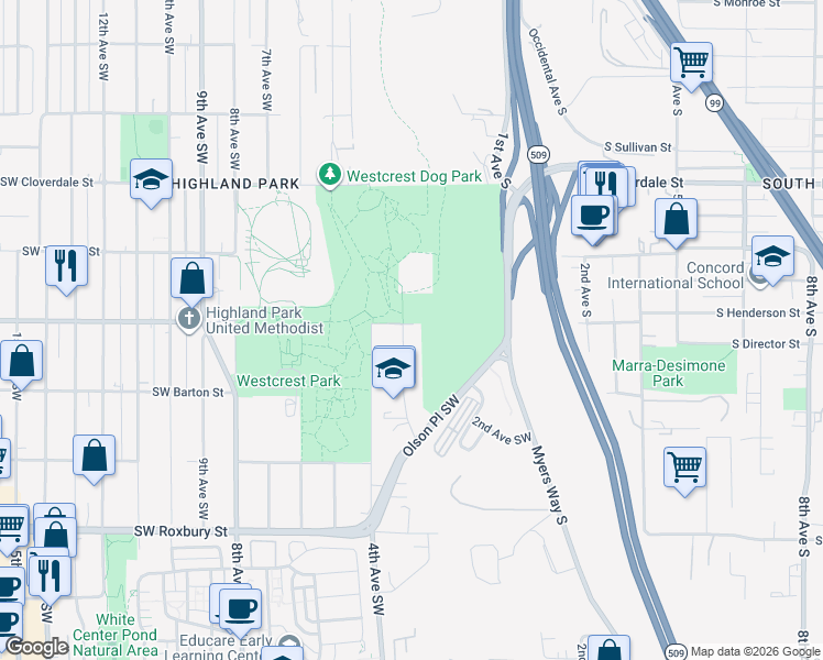 map of restaurants, bars, coffee shops, grocery stores, and more near 9000 3rd Avenue Southwest in Seattle