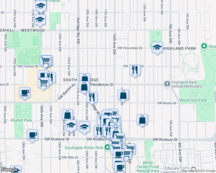 map of restaurants, bars, coffee shops, grocery stores, and more near 1700 Southwest Henderson Street in Seattle