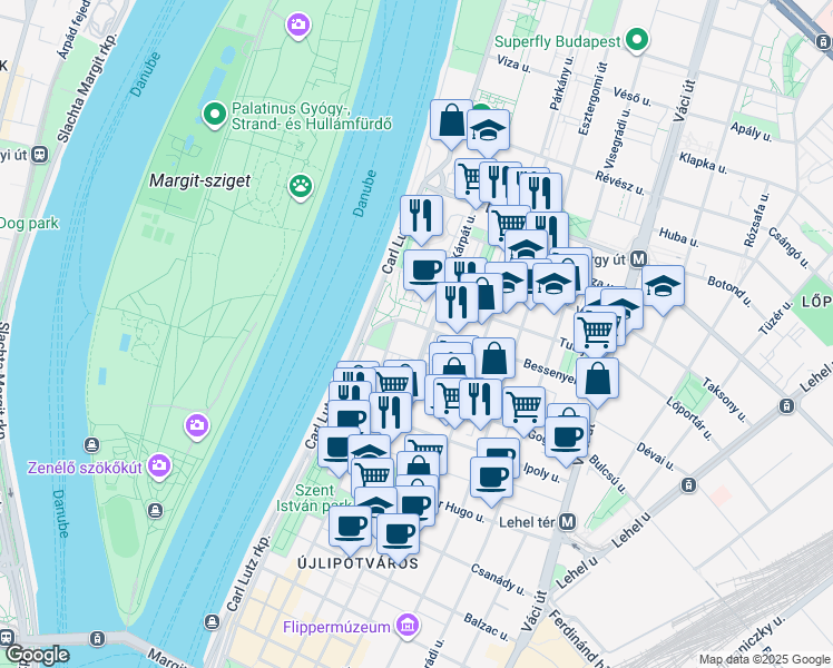 map of restaurants, bars, coffee shops, grocery stores, and more near in Budapest