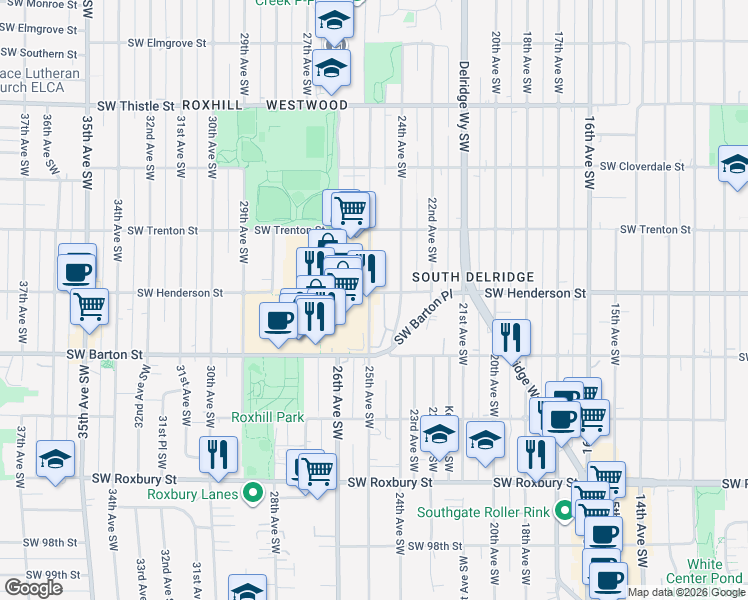 map of restaurants, bars, coffee shops, grocery stores, and more near 8857 24th Avenue Southwest in Seattle