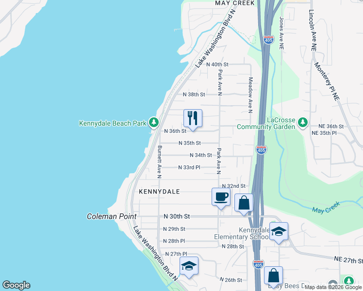 map of restaurants, bars, coffee shops, grocery stores, and more near 1008 North 35th Street in Renton