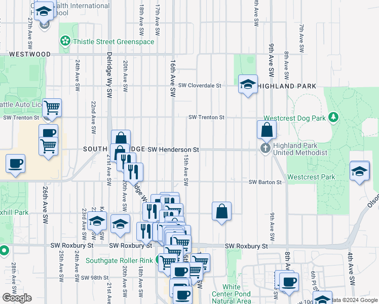 map of restaurants, bars, coffee shops, grocery stores, and more near 8858 15th Avenue Southwest in Seattle