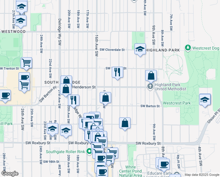 map of restaurants, bars, coffee shops, grocery stores, and more near 1405 Southwest Henderson Street in Seattle