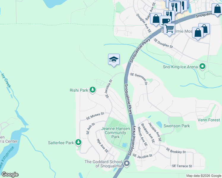 map of restaurants, bars, coffee shops, grocery stores, and more near 34324 Southeast Graves Street in Snoqualmie