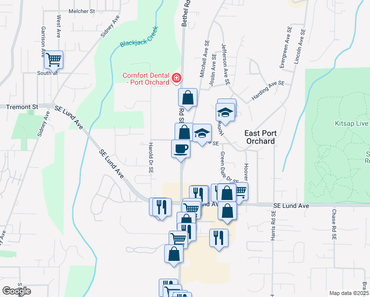 map of restaurants, bars, coffee shops, grocery stores, and more near 2914 Mitchell Road Southeast in Port Orchard