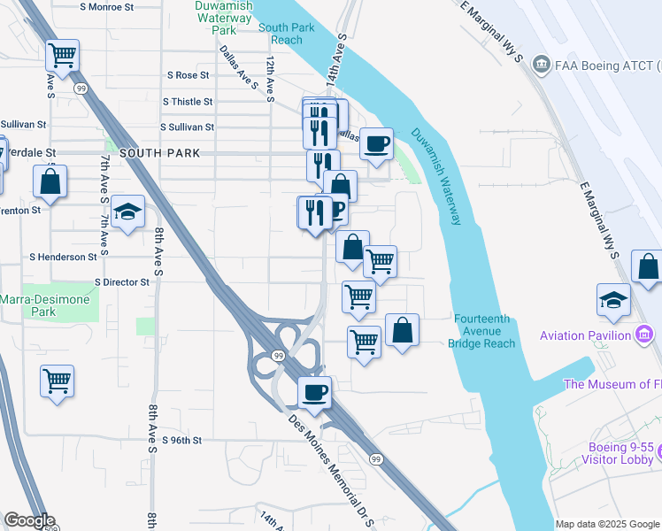 map of restaurants, bars, coffee shops, grocery stores, and more near 9004 14th Avenue South in Seattle